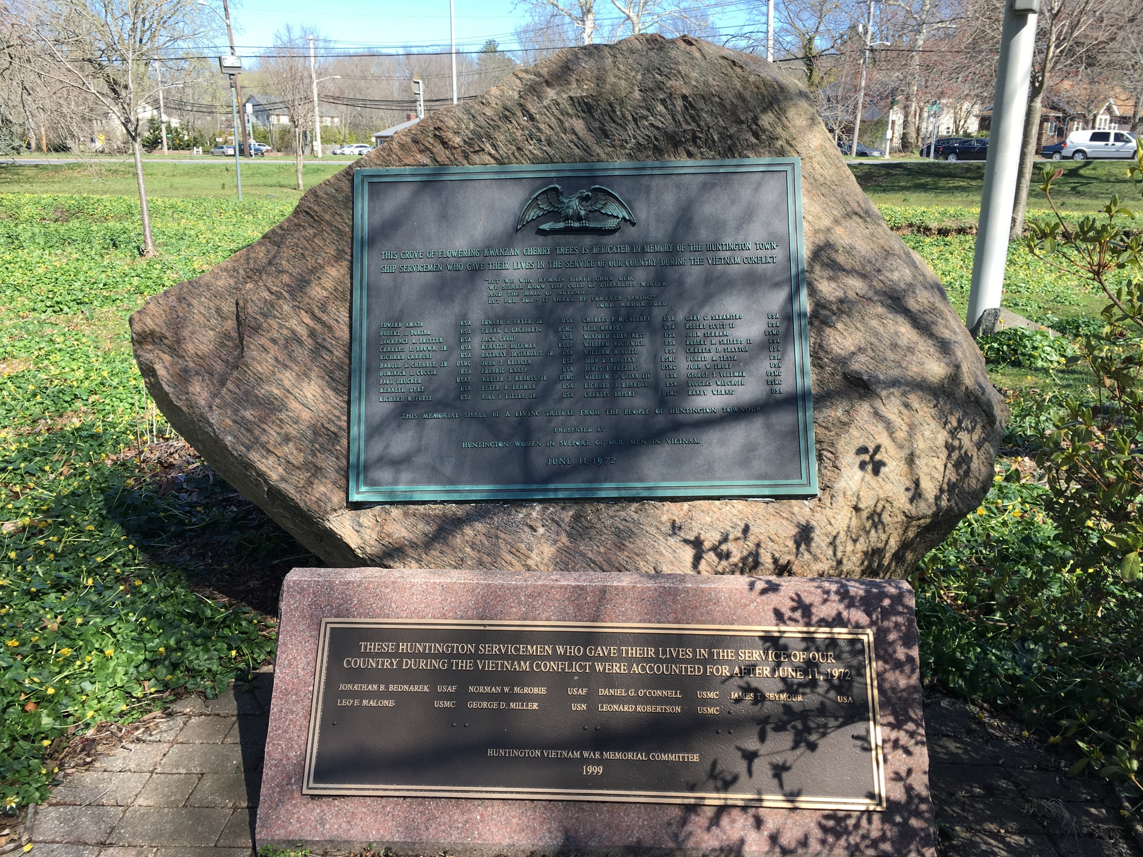Similarly, this boulder in the Village Green recognizes the ultimate sacrifice made by 48 men during the Vietnam War. These men are also remembered with a living memorial of Kwanzan cherry trees.